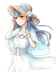 Rule 34 | 1girl, alternate costume, blue eyes, blue hair, dress, fire emblem, fire emblem echoes: shadows of valentia, hat, long hair, nintendo, parted lips, rinea (fire emblem), robaco, simple background, solo, sun hat, twitter username, upper body, white background, white dress