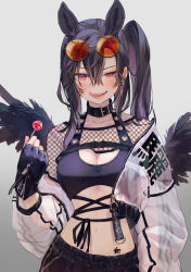Rule 34 | 1girl, :d, animal ears, black gloves, black hair, breasts, candy, cleavage, commentary request, crop top, earrings, eyeshadow, eyewear on head, feathered wings, fingerless gloves, fishnets, food, gloves, grey background, hair between eyes, hand up, highres, holding, holding food, horse ears, jacket, jewelry, kurokoma saki, lollipop, long hair, long sleeves, looking at viewer, makeup, medium breasts, midriff, navel, off shoulder, open clothes, open jacket, open mouth, red eyes, round eyewear, side ponytail, smile, solo, stomach, stomach tattoo, sunglasses, syuri22, tattoo, tongue, tongue out, touhou, upper body, wings