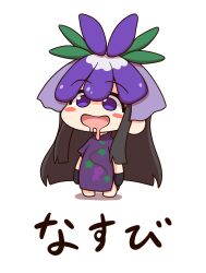 Rule 34 | 1girl, absurdres, black gloves, blush, chibi, china dress, chinese clothes, dress, elbow gloves, full body, gloves, grape print, highres, long hair, open mouth, purple dress, purple eyes, purple hair, shitacemayo, sidelocks, simple background, smile, solo, touhou, very long hair, white background, yomotsu hisami
