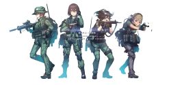 Rule 34 | 4girls, absurdres, adaptive combat rifle, aiming, angled forward grip, assault rifle, backpack, backwards hat, bag, baseball cap, beretta 93r, black soldier, blue eyes, boonie hat, boots, brown hair, buckle, bullpup, burst fire gun, burst fire pistol, carabiner, casing ejection, commentary request, english text, eotech, field radio, fingerless gloves, firing, glasses, gloves, gun, handgun, hat, headset, highres, knee pads, load bearing vest, machine pistol, military, military operator, military uniform, multiple girls, original, patch, pistol, ponytail, red eyes, reflex sight, rifle, shell casing, short hair, silver hair, simple background, snap-fit buckle, suppressor, translation request, trigger discipline, uniform, vertical forward grip, weapon, weapon request, white background