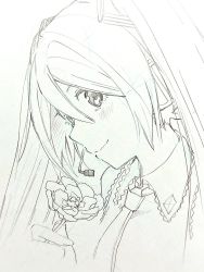 Rule 34 | 1girl, agonasubi, bare shoulders, blush, close-up, closed mouth, collared shirt, commentary request, fingernails, flower, hair between eyes, hand up, happy, hatsune miku, head tilt, headset, highres, holding, holding flower, lineart, long hair, looking to the side, looking up, nape, necktie, profile, shirt, sidelocks, simple background, sketch, smile, solo, straight hair, twintails, upper body, vocaloid