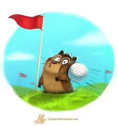 Rule 34 | animal, ball, black eyes, blue sky, cryptid creations, day, field, flag, fur, gold, golf ball, grass, hole, in the face, motion blur, motion lines, o3o, original, outdoors, peeking out, plant, round image, sky, speed lines, surprised, whiskers, wide-eyed
