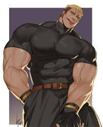 Rule 34 | 1boy, bara, black gloves, black pants, black shirt, character request, copyright request, covered abs, covered erect nipples, covered navel, gloves, gomtang, large pectorals, leaning to the side, leather belt, looking at viewer, male focus, mature male, muscular, muscular male, pants, pectorals, shirt, short hair, sideburns, solo, taut clothes, taut shirt, tight clothes, tight shirt, tongue, tongue out, undercut, veins