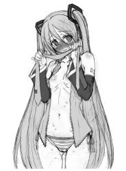 Rule 34 | 1girl, absurdres, blush, detached sleeves, greyscale, hatsune miku, highres, long hair, minashika.t, monochrome, navel, necktie, no pants, open clothes, open shirt, panties, shirt, side-tie panties, simple background, sketch, solo, striped clothes, striped panties, sweat, taki minashika, twintails, underwear, very long hair, vocaloid, white background