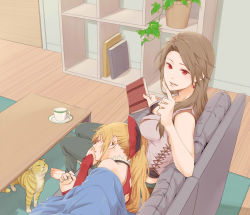 Rule 34 | 2girls, animal ears, barefoot, blanket, blonde hair, bookshelf, breasts, brown hair, casual, cat ears, choker, couch, cup, earrings, closed eyes, granblue fantasy, jewelry, katalina (granblue fantasy), lace, lace choker, lap pillow, long hair, medium breasts, miso-ha (ukyuu), multiple girls, plant, ponytail, potted plant, red eyes, saucer, smile, table, teacup, vines, vira (granblue fantasy), wooden floor, yuri