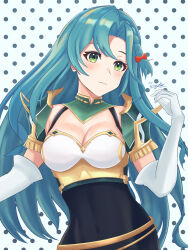 Rule 34 | 1girl, aqua hair, armor, blush, bow, braid, breasts, chloe (fire emblem), cleavage, commentary, covered navel, elbow pads, fire emblem, fire emblem engage, gloves, green eyes, hair bow, hand up, highres, large breasts, long hair, looking at viewer, mrwingsters, nintendo, orange bow, polka dot, polka dot background, shoulder armor, solo, upper body, very long hair, white gloves