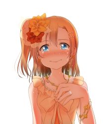 Rule 34 | 10s, 1girl, bare shoulders, blue eyes, blush, brown hair, crying, crying with eyes open, earrings, flower, hair flower, hair ornament, hoshino ouka, jewelry, kosaka honoka, looking at viewer, love live!, love live! school idol project, orange hair, marriage proposal, ring, short hair, side ponytail, smile, tears, wedding ring, white background