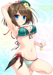 Rule 34 | 10s, 1girl, adapted costume, ameto yuki, arm up, armpits, beret, bikini, blue eyes, blush, bracelet, breasts, brown hair, cleavage, gradient background, hat, jewelry, kantai collection, large breasts, looking at viewer, maya (kancolle), medium breasts, navel, parted lips, remodel (kantai collection), shiny skin, short hair, smile, solo, strap gap, swimsuit, underboob