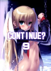 Rule 34 | 1girl, bdsm, blonde hair, blue eyes, blush, bondage, bound, breasts, chain, chained, chain, continue, english text, gameplay mechanics, hair ornament, jpeg artifacts, little busters!, long hair, midriff, naked shirt, navel, parted lips, ribbon, school uniform, shirt, solo, tokido saya, torn clothes, twintails, very long hair, wading, water, wet, zen