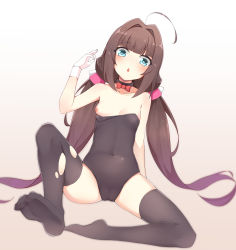 Rule 34 | 10s, 1girl, absurdres, ahoge, bare shoulders, black choker, black leotard, black thighhighs, blue eyes, blush, bow, bowtie, breasts, brown background, brown hair, cameltoe, choker, collarbone, commentary request, covered navel, feet, full body, gloves, gradient background, hair intakes, heart, heart-shaped pupils, highres, hinatsuru ai, legs, leotard, long hair, low twintails, meng ge 3 (565571710), nipples, no shoes, parted lips, red bow, red bowtie, ryuuou no oshigoto!, sidelocks, small breasts, soles, solo, strapless, strapless leotard, symbol-shaped pupils, thighhighs, torn clothes, torn thighhighs, twintails, very long hair, white background, white gloves