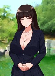 Rule 34 | 1girl, blazer, blue sky, blurry, blurry background, breasts, brown eyes, brown hair, cleavage, closed mouth, commentary request, day, formal, girls und panzer, highres, jacket, jewelry, large breasts, long hair, looking at viewer, mature female, necklace, nishizumi shiho, outdoors, own hands together, pant suit, pants, rasson, sky, smile, standing, straight hair, suit, tree