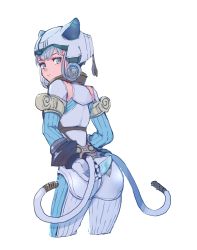 Rule 34 | 1girl, alternate costume, armor, ass, back, blue eyes, blush, bodysuit, breasts, curly hair, gloves, helmet, highres, lobsterbaby99, long hair, looking at viewer, medium breasts, melia antiqua, silver hair, simple background, solo, xenoblade chronicles 1, xenoblade chronicles (series)