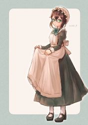 Rule 34 | absurdres, alternate costume, enmaided, glasses, green eyes, hat, highres, kantai collection, maid, mob cap, okinami (kancolle), outside border, socks, victorian maid, white hat, white socks, wss (nicoseiga19993411)