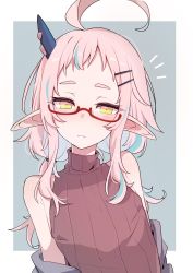 Rule 34 | 1girl, ahoge, aqua hair, azuma shino, bare shoulders, bespectacled, blush, border, brown sweater, closed mouth, commentary request, fang, flat chest, glasses, grey background, hair ornament, hairclip, head tilt, highres, horns, huge ahoge, long hair, looking at viewer, low twintails, multicolored hair, notice lines, off shoulder, original, outside border, pink hair, pointy ears, red-framed eyewear, repi (azuma shino), ribbed sweater, semi-rimless eyewear, sidelocks, single horn, skin fang, sleeveless, sleeveless sweater, sleeveless turtleneck, solo, straight-on, streaked hair, sweater, turtleneck, turtleneck sweater, twintails, under-rim eyewear, upper body, white border, yellow eyes