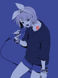 Rule 34 | 1girl, baggy clothes, black nails, blue background, blue theme, bow, bracelet, hair bow, hairband, highres, jewelry, kagamine rin, kazunari (likuro137), looking at viewer, monochrome, multiple hairpins, music, nail polish, open mouth, short hair, shorts, singing, solo, spot color, standing, tattoo, upper body, vocaloid