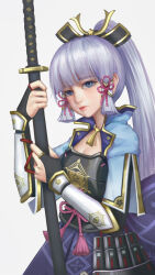 Rule 34 | 1girl, 47erba, arm guards, armor, ayaka (genshin impact), blunt bangs, breastplate, breasts, bridal gauntlets, choker, cleavage, commentary request, genshin impact, grey eyes, grey hair, hair ornament, hair ribbon, hair tubes, highres, holding, holding sword, holding weapon, japanese armor, japanese clothes, katana, long hair, looking at viewer, ponytail, ribbon, short sleeves, sidelocks, simple background, small breasts, solo, sword, tress ribbon, weapon, white background