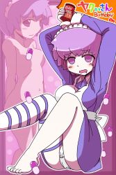 Rule 34 | 1girl, @ @, futaba channel, happy birthday, highres, implied breast growth, maid, nijiura maids, pill, pill bottle, purple eyes, purple hair, striped clothes, striped thighhighs, thighhighs, yakui