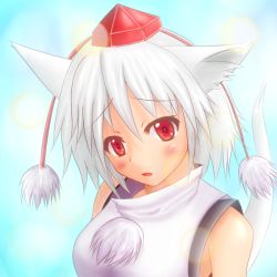 Rule 34 | 1girl, animal ears, bare shoulders, blush, breasts, firolat, hat, inubashiri momiji, looking at viewer, open mouth, pom pom (clothes), red eyes, short hair, silver hair, solo, tail, tokin hat, touhou, wolf ears, wolf tail