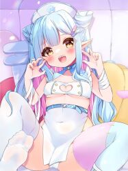 Rule 34 | 1girl, blue hair, blush, breasts, claw pose, cleavage, commentary request, covered navel, halloween, hat, kiyo (yamazoe1122), long hair, medium breasts, nurse cap, original, panties, pointy ears, sharp teeth, smile, solo, spread legs, stitched leg, stitches, teeth, thighhighs, underwear, white panties, white thighhighs, yellow eyes