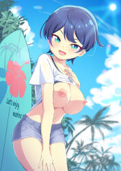 Rule 34 | 1girl, absurdres, aqua eyes, bikini, bikini top lift, bikini under clothes, black bikini, blue hair, blue shorts, blue sky, blush, breasts, cleavage, clothes lift, cloud, collarbone, commentary request, day, denim, denim shorts, fangs, hand on own thigh, highres, jewelry, large breasts, looking at viewer, mole, mole on breast, mole under eye, navel, necklace, nipples, original, outdoors, palm tree, perky breasts, sakamata (sakamata4), shirt, shirt lift, short hair, short shorts, shorts, sky, solo, sun, surfboard, swimsuit, t-shirt, tree, wet, white shirt