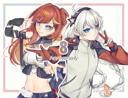 2girls absurdres bare_shoulders blue_eyes border braid breasts closed_mouth commentary cowboy_shot finger_gun gloves hair_between_eyes highres honkai_(series) honkai_impact_3rd hood hoodie kiana_kaslana kiana_kaslana_(white_comet) large_breasts long_hair looking_at_viewer medium_breasts misapit multiple_girls navel orange_gloves orange_hair senadina_(honkai_impact) side_ahoge sidelocks smile stomach two-tone_gloves v very_long_hair white_gloves white_hair white_hoodie