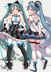 Rule 34 | 2girls, aqua eyes, aqua hair, aqua neckwear, arms behind back, artist name, bare shoulders, black bow, black footwear, black skirt, blue bow, blue hair, blue nails, boots, bow, breasts, cable, chinese commentary, commentary request, detached sleeves, dress, dual persona, fkey, from behind, full body, gloves, grey background, hair bow, hands on own hips, hatsune miku, head tilt, headphones, highres, long hair, looking back, magical mirai miku, magical mirai miku (2016), magical mirai miku (2017), medium breasts, miniskirt, multiple girls, nail polish, necktie, petticoat, pleated skirt, signature, simple background, skindentation, skirt, sleeveless, sleeveless dress, standing, thigh boots, thighhighs, thighs, very long hair, vocaloid, white footwear, white gloves, white legwear, wing collar, zettai ryouiki