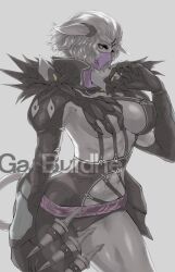 Rule 34 | 1girl, animal ears, breasts, colored skin, furry, furry female, ga bow, ga buidhe, grey background, grey hair, grey skin, highres, large breasts, looking at viewer, mask, purple mask, simple background, solo, uya (yurukah), xenoblade chronicles (series), xenoblade chronicles x, yellow eyes