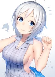 Rule 34 | .live, 1girl, ^^^, absurdres, antenna hair, backless outfit, bare arms, bare shoulders, blue eyes, blush, breasts, closed mouth, collared shirt, dolphin, grey shirt, halterneck, hand up, highres, hoshimiya aki, looking at viewer, medium breasts, nose blush, plaid, plaid shirt, shirt, short hair, sideboob, silver hair, simple background, dennou shoujo siro, sleeveless, sleeveless shirt, smile, solo, tareme, upper body, virtual youtuber, white background