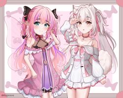 Rule 34 | 2girls, absurdres, animal ears, blue eyes, blush, blush stickers, bone, bow, braid, breasts, closed mouth, commission, dog ears, dog tail, dress, fairy wings, gram pico, grey hair, hair bow, hair ornament, hair ribbon, hairclip, highres, knee up, knees up, kokoromo memory, long hair, looking at viewer, multiple girls, open mouth, paw print, phase connect, phase connect jp, pink eyes, pink hair, pointy ears, ribbon, small breasts, smile, tail, thighs, twin braids, twintails, virtual youtuber, wings