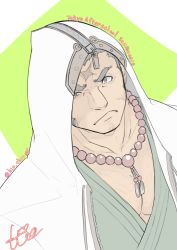 Rule 34 | 1boy, bara, beads, black hair, brown eyes, chest hair, commentary request, copyright name, cross scar, facial hair, green background, highres, hio tksr05, hood, hood up, hooded jacket, houzouin oniwaka, jacket, japanese clothes, kimono, large pectorals, long sideburns, male focus, mature male, muscular, muscular male, open clothes, open jacket, open kimono, pectorals, prayer beads, scar, scar on face, scar on forehead, short hair, sideburns, signature, solo, stubble, tassel, thick eyebrows, tokyo houkago summoners, twitter username, upper body