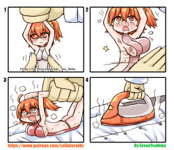 Rule 34 | 1girl, 4koma, absurdres, armpits, ass, bad id, bad pixiv id, black border, blush, border, breasts, clothes iron, comic, commentary, fate/grand order, fate (series), fujimaru ritsuka (female), greenteaneko, hat, highres, mini person, minigirl, nose blush, open mouth, red eyes, red hat, sideboob, square 4koma