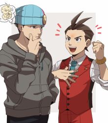 Rule 34 | 2boys, ace attorney, antenna hair, apollo justice, apollo justice: ace attorney, beanie, blue headwear, blue necktie, bracelet, brown eyes, brown hair, clenched hand, collared shirt, facial hair, grey hoodie, hand in pocket, hand on own chest, hand on own chin, hat, hood, hood down, hoodie, jewelry, long sleeves, male focus, multiple boys, necktie, open mouth, pants, phoenix wright, red pants, red vest, shirt, short hair, smile, standing, thought bubble, vest, wahootarou, white shirt