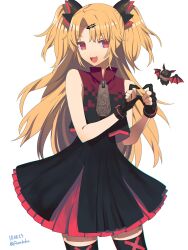 Rule 34 | 1girl, akatsuki uni, bare shoulders, bat (animal), black dress, black gloves, black thighhighs, black vest, blonde hair, cowboy shot, curtained hair, dated, dress, fang, fucodoku, gloves, hair ornament, hands up, heart, heart hands, highres, long hair, looking at viewer, open mouth, partially fingerless gloves, pleated skirt, red eyes, red pupils, red skirt, short dress, simple background, skirt, sleeveless, sleeveless dress, smile, solo, thighhighs, twitter username, two side up, uni create, vest, virtual youtuber, white background, zipper pull tab
