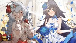Rule 34 | &gt; &lt;, 4girls, :d, ahoge, angel, benghuai xueyuan, blue flower, blue rose, bouquet, braid, breasts, circlet, cleavage, closed eyes, copyright name, dress, female focus, flower, gloves, halo, highres, holding, holding bouquet, holding instrument, honkai (series), honkai impact 3rd, instrument, kiana kaslana, light purple hair, long hair, long sleeves, medium breasts, multiple girls, official art, open clothes, open mouth, petals, purple hair, raiden mei, raiden mei (valkyrie bladestrike), red flower, red rose, rose, sleeveless, sleeveless dress, smile, third-party source, trumpet, twin braids, wedding dress, white dress, white gloves, white hair, yuri