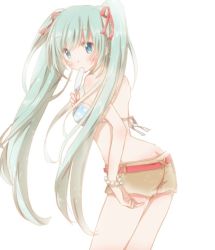 Rule 34 | 1girl, ass, back, bad id, bad pixiv id, bikini, blue eyes, bow, breasts, eating, food, green hair, hair bow, hair ribbon, hatsune miku, hiro (hirohiro31), holding, long hair, looking at viewer, looking back, polka dot, polka dot bikini, polka dot swimsuit, popsicle, ribbon, simple background, sketch, solo, swimsuit, twintails, very long hair, vocaloid, white background