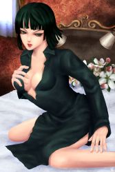 Rule 34 | 1girl, bed, black dress, black hair, breasts, cleavage, dress, eguchi (ugliness), fubuki (one-punch man), green eyes, long sleeves, on bed, one-punch man, short hair, side slit, sitting, solo, wariza