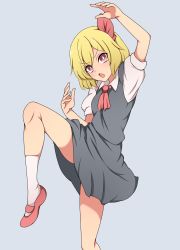 Rule 34 | 1girl, absurdres, ascot, black skirt, black vest, blonde hair, collared shirt, grey background, hair ribbon, highres, looking at viewer, open mouth, puffy short sleeves, puffy sleeves, red ascot, red eyes, red footwear, red ribbon, ribbon, rumia, shirt, short hair, short sleeves, simple background, skirt, socks, solo, standing, standing on one leg, suwaneko, touhou, v-shaped eyebrows, vest, white shirt, white socks