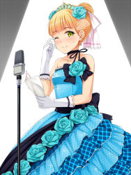 Rule 34 | 1girl, bare shoulders, blonde hair, blush, dress, earrings, flower, gloves, hair bun, hisho collection, jewelry, looking at viewer, microphone, microphone stand, one eye closed, paper, short hair, single hair bun, sleeveless, sleeveless dress, smile, solo, tears, tiara, white gloves, wiping tears, yellow eyes, yokaze japan