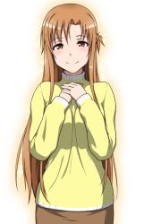 Rule 34 | 10s, 1girl, asuna (sao), blush, braid, brown eyes, brown hair, closed mouth, crown braid, dot nose, eyebrows, female focus, fingernails, half-closed eyes, hands up, long hair, looking at viewer, own hands together, parted bangs, puge, smile, solo, standing, sword art online, upper body