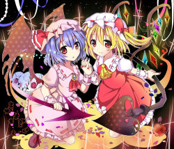 Rule 34 | 2girls, black background, blonde hair, crystal, flandre scarlet, hat, highres, holding hands, looking at viewer, multiple girls, purple hair, puzzle piece, ramudia (lamyun), red eyes, remilia scarlet, smile, touhou
