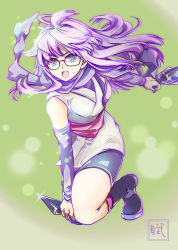 Rule 34 | 105mitsugi, 1girl, bare shoulders, black footwear, breasts, commentary request, detached sleeves, full body, gintama, glasses, green background, japanese clothes, kunai, long hair, mole, mole under eye, ninja, open mouth, purple hair, purple scarf, red-framed eyewear, sarutobi ayame, scarf, solo, weapon