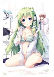 Rule 34 | 1girl, bare shoulders, black socks, blue eyes, blush, bow, bow bra, bra, breasts, buttons, character doll, cleavage, collarbone, doll, frog hair ornament, green eyes, hair ornament, hair tubes, hakurei reimu, highres, holding, indoors, kochiya sanae, long hair, long sleeves, looking at viewer, medium breasts, miyase mahiro, navel, off shoulder, open clothes, page number, panties, parted lips, shiny skin, shirt, simple background, sitting, skirt, snake hair ornament, socks, solo, stomach, striped bra, striped clothes, striped panties, thighs, touhou, underwear, wariza, white shirt