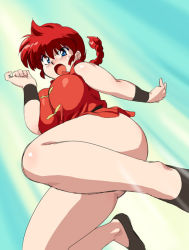 Rule 34 | 1girl, blouse, blue eyes, blush, bracer, braid, braided ponytail, breasts, chinese clothes, genderswap, genderswap (mtf), huge breasts, jumping, mage (harumagedon), no pants, open mouth, plump, ranma-chan, ranma 1/2, red hair, saotome ranma, shirt, single braid, sleeveless, sleeveless shirt, slippers, solo, tangzhuang, thick thighs, thighs