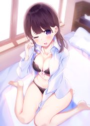 Rule 34 | 1girl, ;d, barefoot, bed, between legs, blush, bow, bow bra, bow panties, bra, breasts, brown bra, brown hair, brown panties, chikuwa., cleavage, collarbone, collared shirt, commentary request, dress shirt, hand between legs, hand up, head tilt, highres, indoors, lace, lace bra, lace panties, large breasts, long hair, long sleeves, looking at viewer, navel, on bed, one eye closed, open clothes, open mouth, open shirt, original, panties, pillow, pinching sleeves, purple eyes, shirt, sitting, sleeves past wrists, smile, solo, tissue box, underwear, wariza, white shirt, window