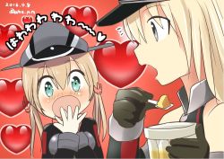 Rule 34 | 10s, 2girls, ahenn, aqua eyes, bismarck (kancolle), blonde hair, blush, covering own mouth, dated, food, fork, grey eyes, hand over own mouth, hat, heart, kantai collection, multiple girls, open mouth, prinz eugen (kancolle), pudding, spoon, translation request
