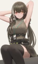 Rule 34 | 1girl, absurdres, armpits, arms behind head, arms up, belt, black skirt, black thighhighs, blush, breasts, brown hair, free style (yohan1754), girls&#039; frontline, grey shirt, heterochromia, highres, id card, lanyard, large breasts, long hair, looking to the side, multicolored hair, pouch, red eyes, ro635 (girls&#039; frontline), shirt, simple background, sitting, skirt, sleeveless, sleeveless shirt, solo, streaked hair, thighhighs, turtleneck, twintails, white hair, yellow eyes
