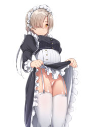 Rule 34 | 1girl, azur lane, bar censor, black dress, blonde hair, braid, breasts, censored, clip studio paint (medium), commentary request, dress, frilled dress, frills, garter straps, hair over one eye, highres, juliet sleeves, lifting own clothes, long sleeves, looking at viewer, maid headdress, medium breasts, no panties, puffy sleeves, sheffield (azur lane), shiny skin, short hair, simple background, solo, spicy moo, standing, thighhighs, white background, white thighhighs, wrist cuffs, yellow eyes
