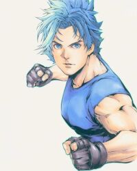 Rule 34 | 1boy, andy seto, black gloves, blue eyes, blue hair, blue shirt, chinese commentary, clenched hands, commentary, commentary request, cropped torso, cyber weapon z, english commentary, fighting stance, fingerless gloves, gloves, highres, male focus, marker (medium), mixed-language commentary, muscular, muscular male, park iro, pectorals, shirt, sleeveless, sleeveless shirt, solo, traditional media, v-shaped eyebrows