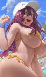 Rule 34 | 1girl, absurdres, bare shoulders, bikini, blue sky, breasts, commentary, english commentary, free style (yohan1754), green eyes, hair between eyes, hands up, hat, highres, large breasts, long hair, looking at viewer, navel, open mouth, original, outdoors, purple hair, sky, smile, swimsuit, underboob, white headwear, yellow bikini