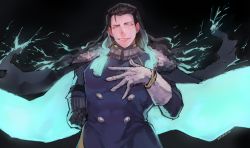 Rule 34 | 1boy, arm behind back, bad id, bad pixiv id, black hair, blue eyes, buttons, coat, double-breasted, electricity, fate/grand order, fate (series), gloves, hand on own chest, highres, lips, long hair, looking at viewer, male focus, multicolored hair, nikola tesla (fate), smile, smirk, solo, white gloves